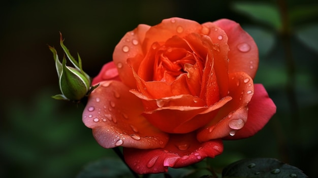 Une rose rouge avec des gouttelettes d'eau dessus