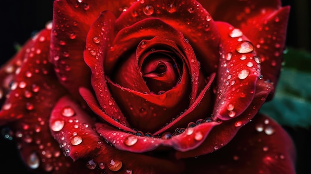 Une rose rouge avec des gouttelettes d'eau dessus