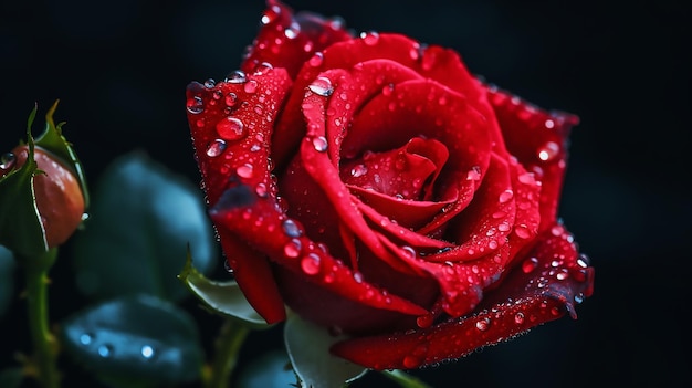 Une rose rouge avec des gouttelettes d'eau dessus