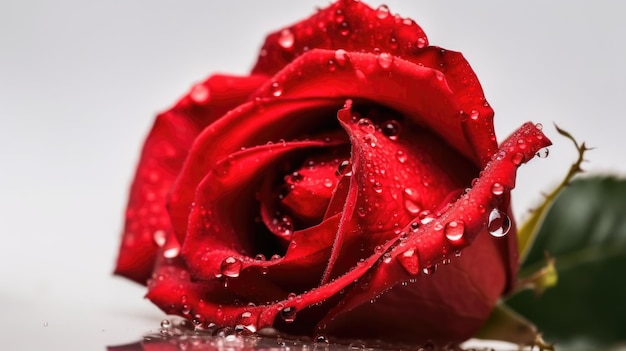 Une rose rouge avec des gouttes d'eau dessus