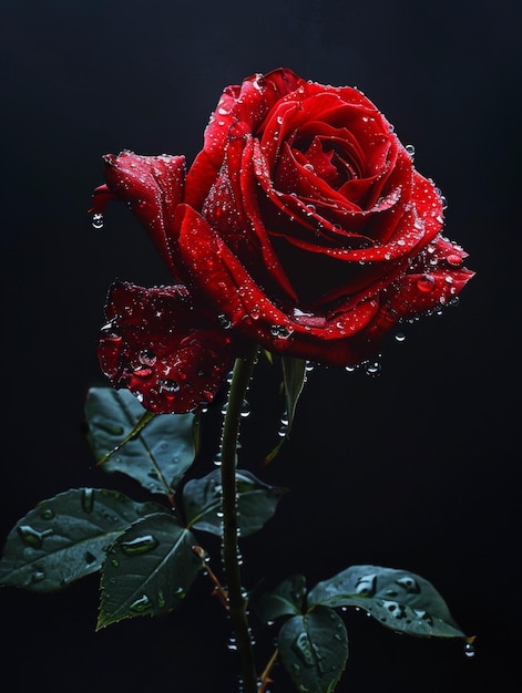 Une rose rouge avec des gouttes de rosée sur un fond sombre