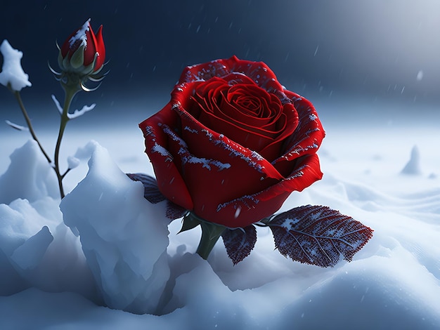 Une rose rouge magique gelée dans la neige, un fond romantique, la génération Ai.