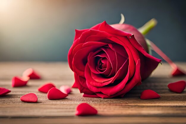 Photo une rose rouge avec des pétales sur une table en bois