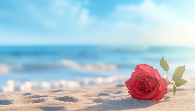 Rose rouge sur la plage avec fond de mer Concept de la Saint-Valentin