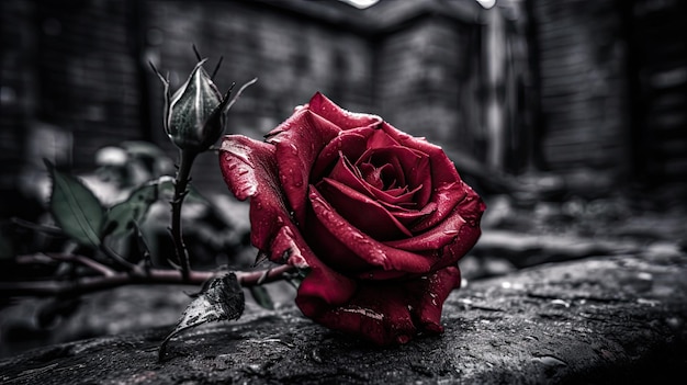 Une rose rouge se repose sur une pierre devant un bâtiment foncé