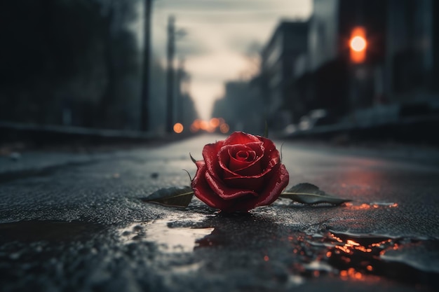 Une rose rouge se trouve sur une rue humide sous la pluie.