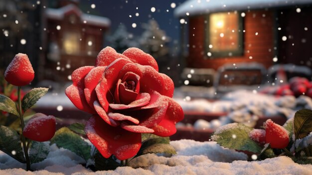 Photo une rose rouge solitaire au milieu d'un jardin couvert de neige