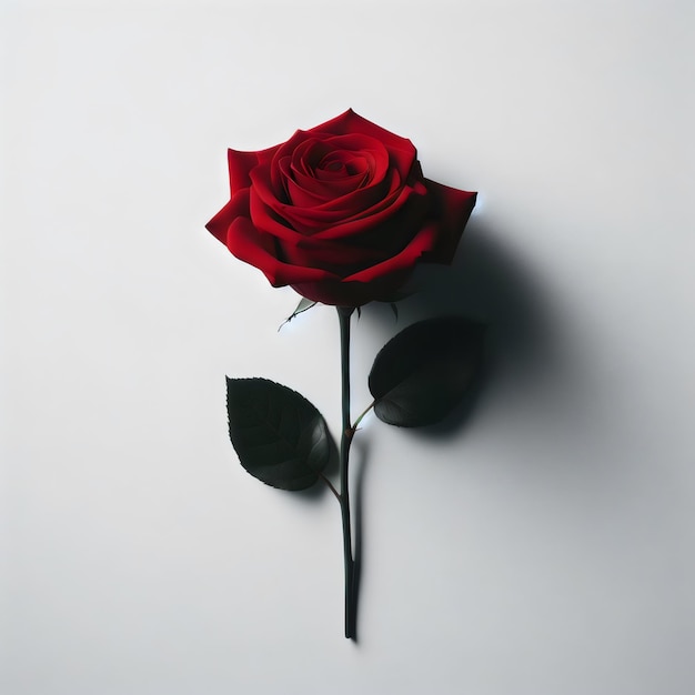 une rose rouge avec son ombre sur un fond blanc