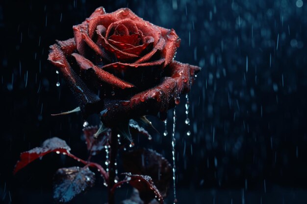 Photo une rose rouge sous la pluie avec des gouttelettes d'eau dessus