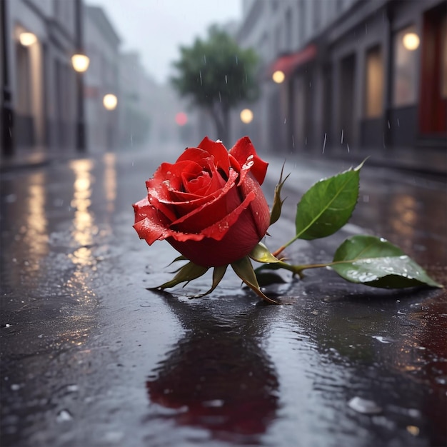 une rose rouge sous la pluie