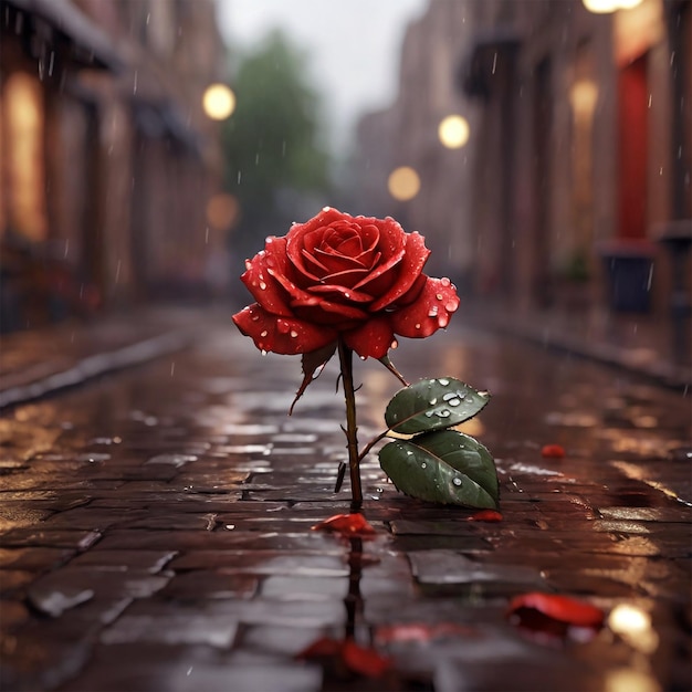 une rose rouge sous la pluie