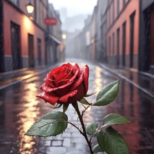 une rose rouge sous la pluie