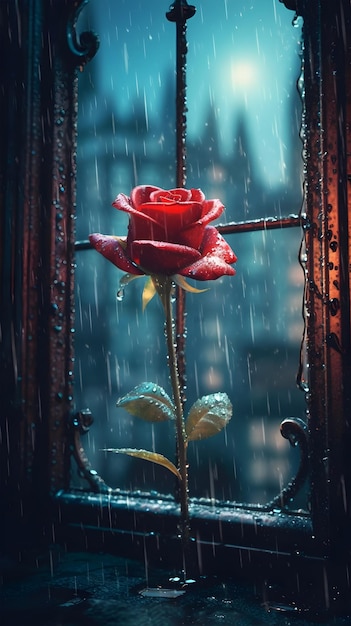 Photo rose rouge sous la pluie