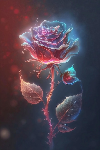 Rose rouge translucide dans la lumière bleue et rouge