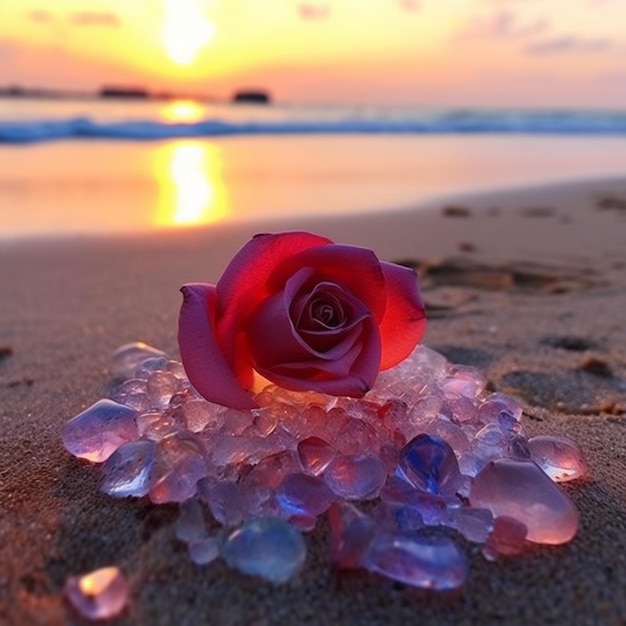 Une rose se trouve sur une plage avec le soleil se couchant derrière elle.