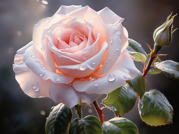 Une rose solitaire dont les pétales veloutés se déploient délicatement dans la douce lumière du matin