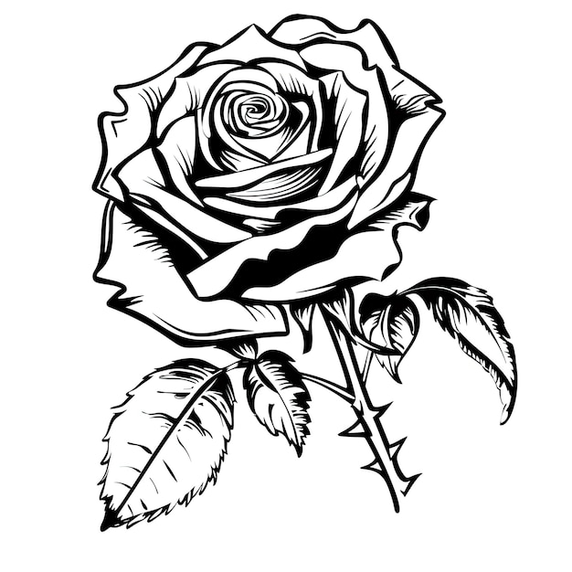 Une rose très simpliste en noir et blanc, légèrement esquissée, de style livre de coloriage brut pour adultes