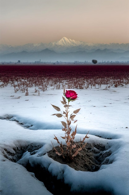 Rose unique issue d'un trou dans la neige ai générative