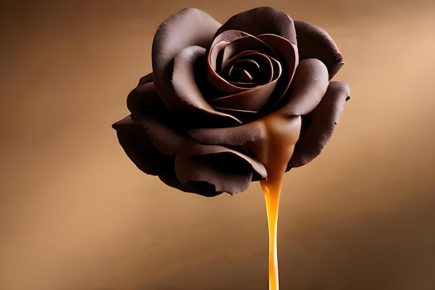 Une rose versée dans une sauce au chocolat.