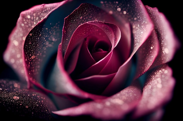 Une rose violette avec des gouttelettes d'eau dessus