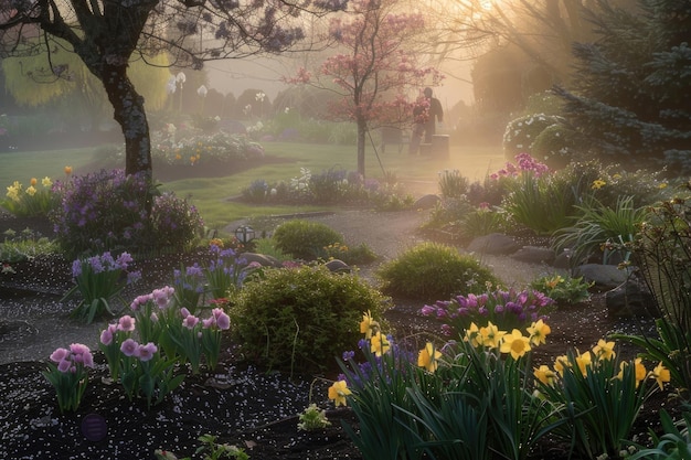 La rosée du matin sur les fleurs nouvellement plantées dans un jardin de printemps