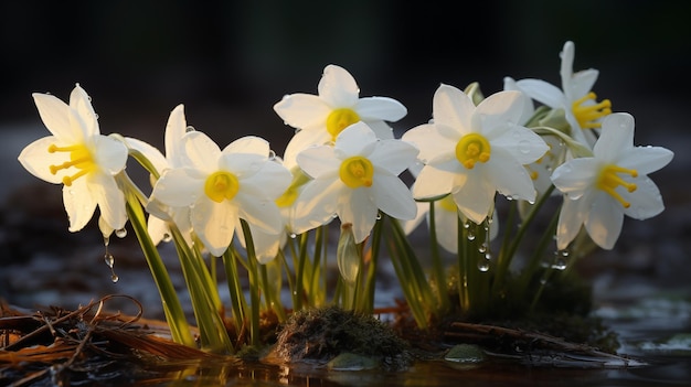 La rosée du matin orne un groupe de narcisses blancs qui brillent à la lumière du matin.