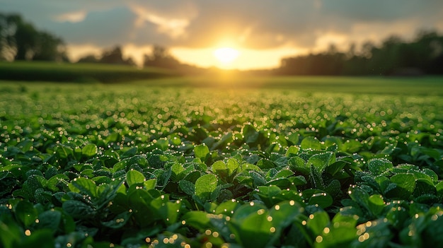 La rosée du matin sur les terres agricoles biologiques fraîches au lever du soleil une sérénité