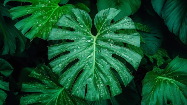 De la rosée sur de grandes feuilles vertes