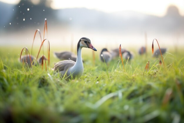 Photo de la rosée sur l'herbe avec des oies qui se nourrissent à l'aube