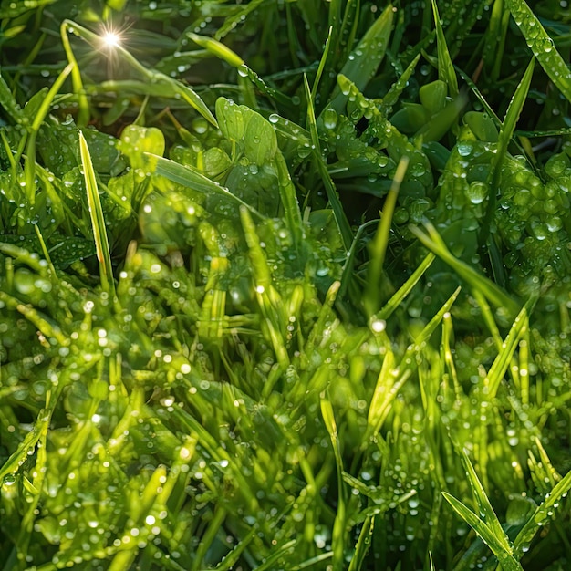 La rosée sur l'herbe verte à la lumière du soleil Le matin Le soleil humide L'herbe verdoyante L'été La pelouse après la pluie