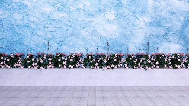 Roseraie rose avec sièges en béton, sol en pavage et maquette de papier peint couleur ciel