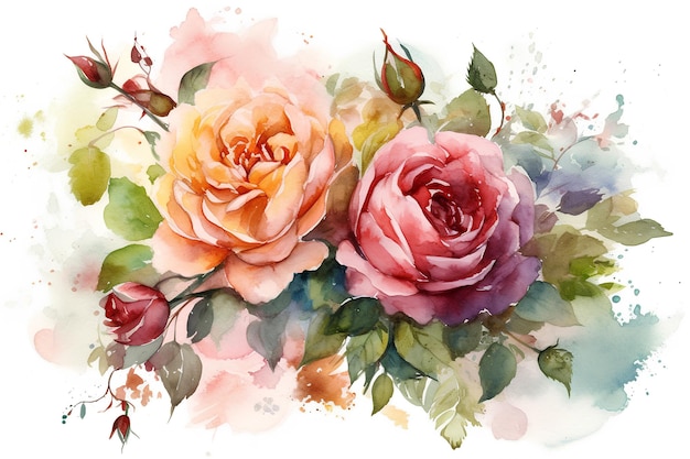 Roses aquarelles sur fond blanc Illustration générée par l'IA