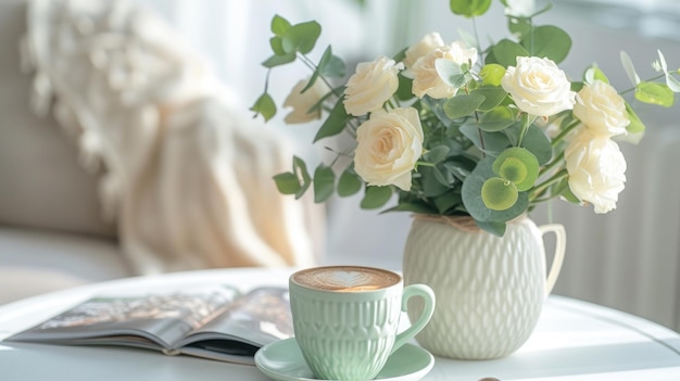 Des roses blanches avec un bouquet d'eucalyptus cappuccino dans une coupe de menthe verte décoration de la maison