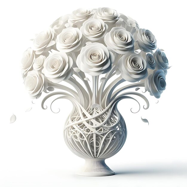 Photo des roses blanches dans un vase étonnant isolées sur un fond blanc