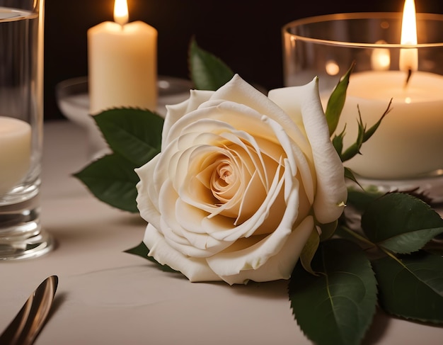 Photo des roses blanches élégantes et des bougies pour une nuit de détente une bougie et des fleurs sur une table
