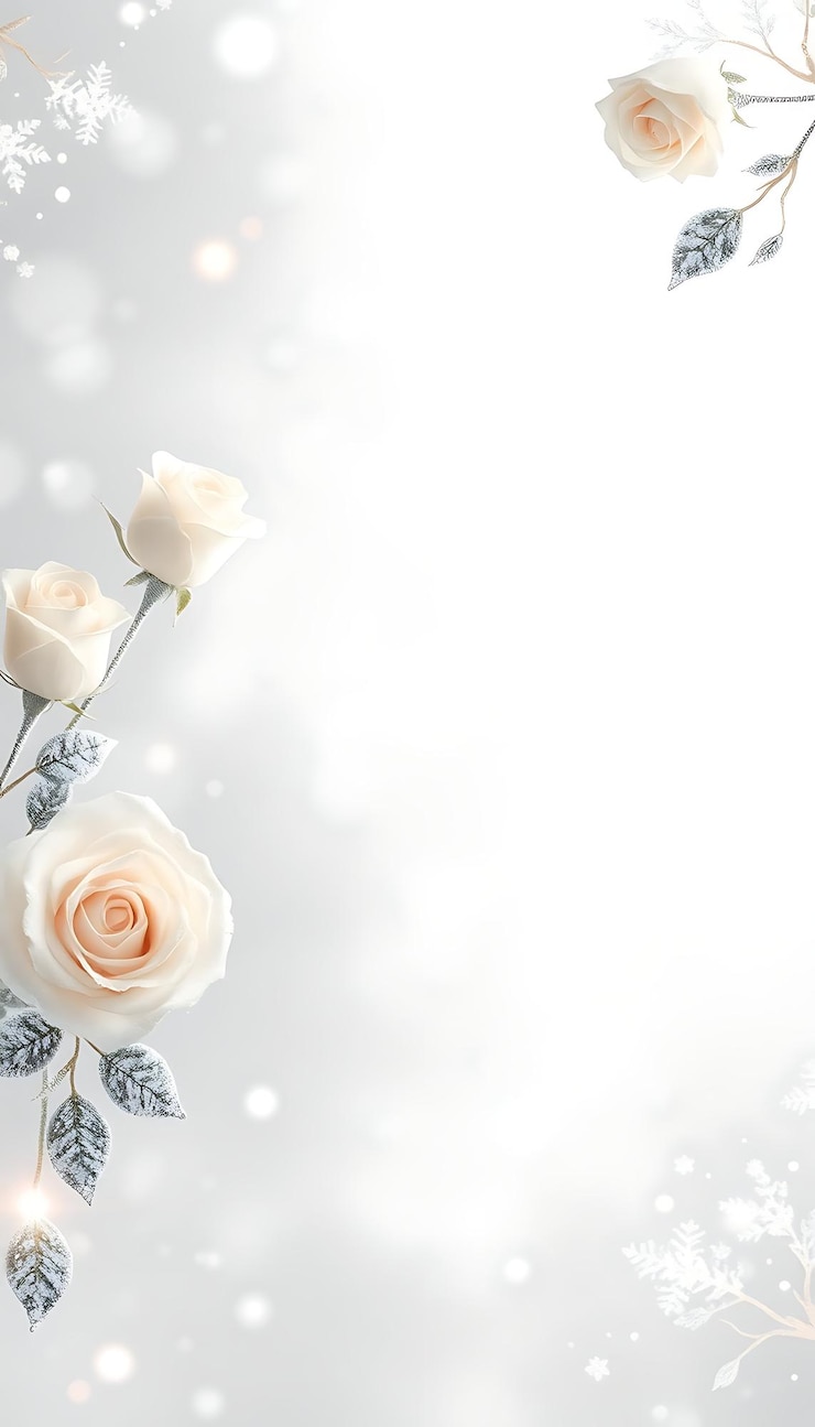 Photo des roses blanches étincelantes et des effets de gel délicats flottent sur une douce grille argentée.