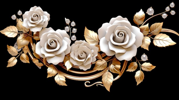 roses blanches et feuilles d'or sur un fond noir