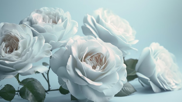 Roses blanches sur fond bleu