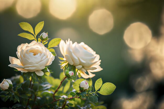 roses blanches sur fond flou naturel dans un jardin le matin, copiez l'espace