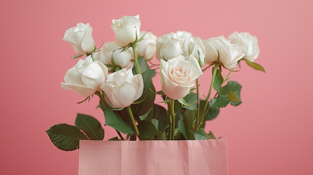 Des roses blanches sur un fond rose dans une publicité de livraison de fleurs avec de l'espace pour le texte