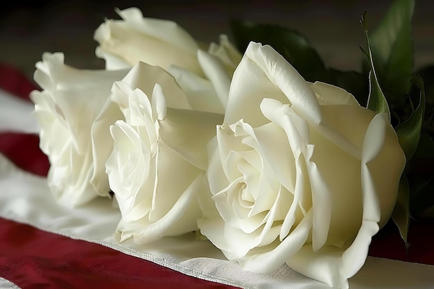 Des roses blanches reposent contre le reflet du drapeau le jour du souvenir des sacrifices.