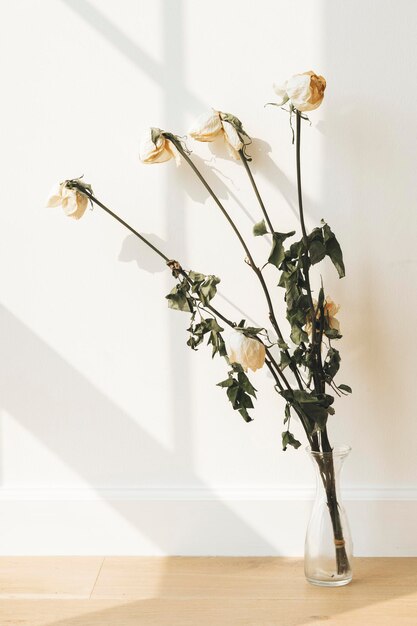 Roses blanches séchées dans un vase transparent sur un plancher en bois