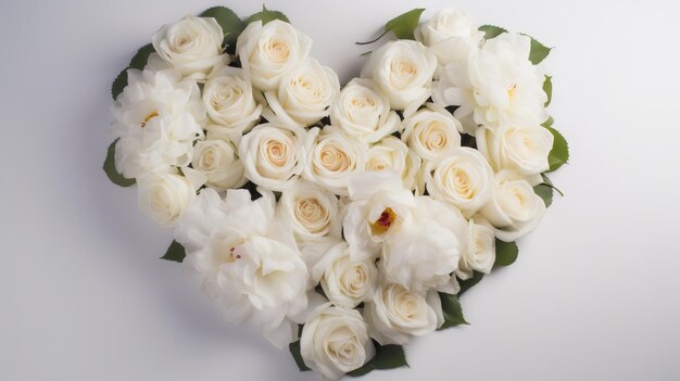 Roses blanches sous la forme d'une carte de voeux de coeur pour le mariage Maquette de bannière d'en-tête de la Saint-Valentin avec espace de copie généré par l'IA
