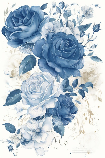 Roses bleues avec des feuilles et des fleurs sur fond blanc