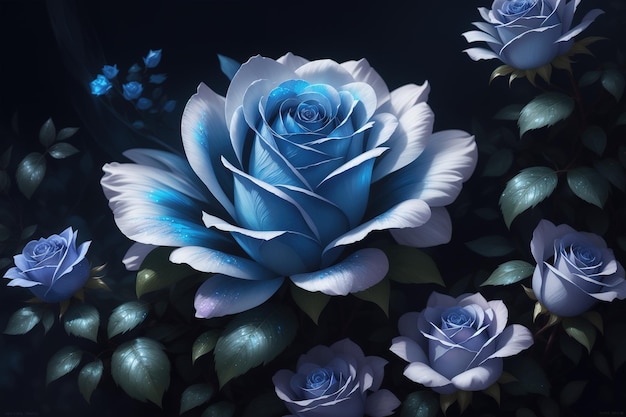 Roses bleues sur fond noir