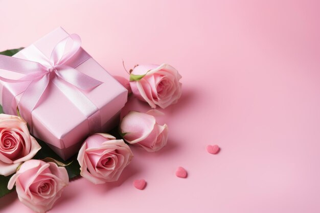 Des roses et une boîte à cadeaux avec un ruban de satin sur fond rose Saint-Valentin anniversaire fête des mères