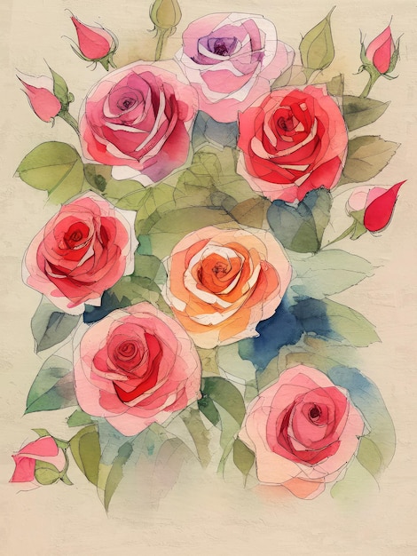 Photo roses bouquet aquarelle peinture acrylique illustration reproduction