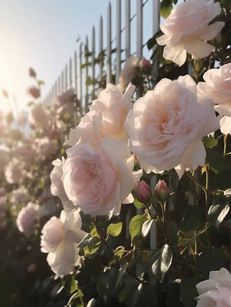 Roses sur une clôture avec le soleil qui brille dessus