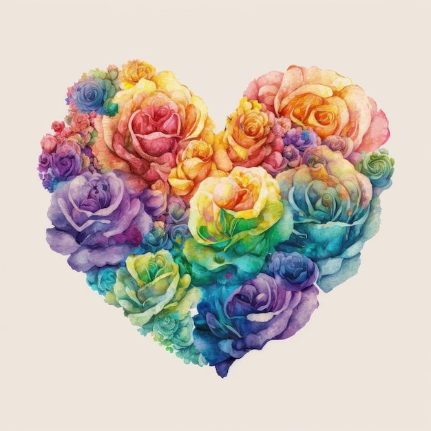 Roses colorées en forme de coeur avec aquarelle au design multicolore