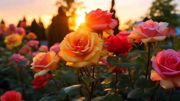 Photo roses colorées qui fleurissent dans le jardin au coucher du soleil fond nature